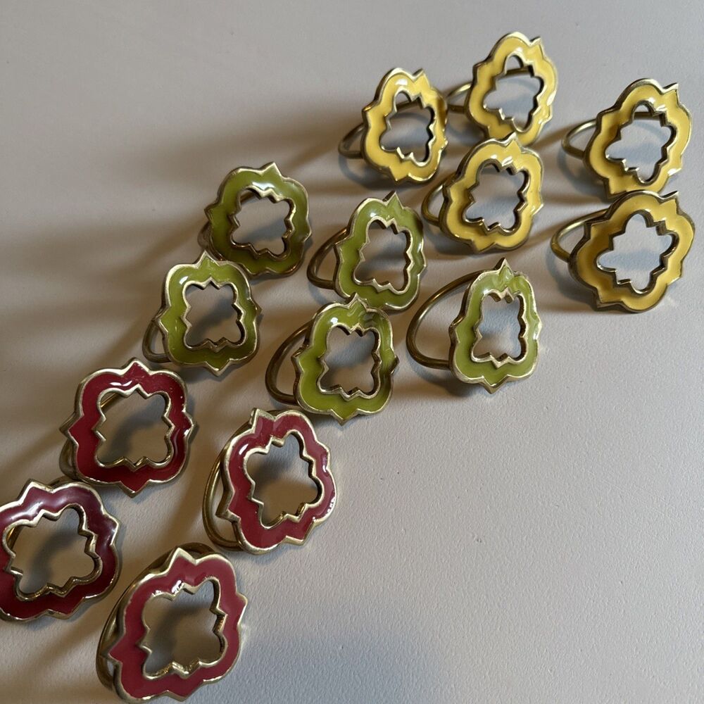VTG Brass Enamel‎ Moroccan Trellis Napkin Ring Holders 14 pc Green Yellow Red